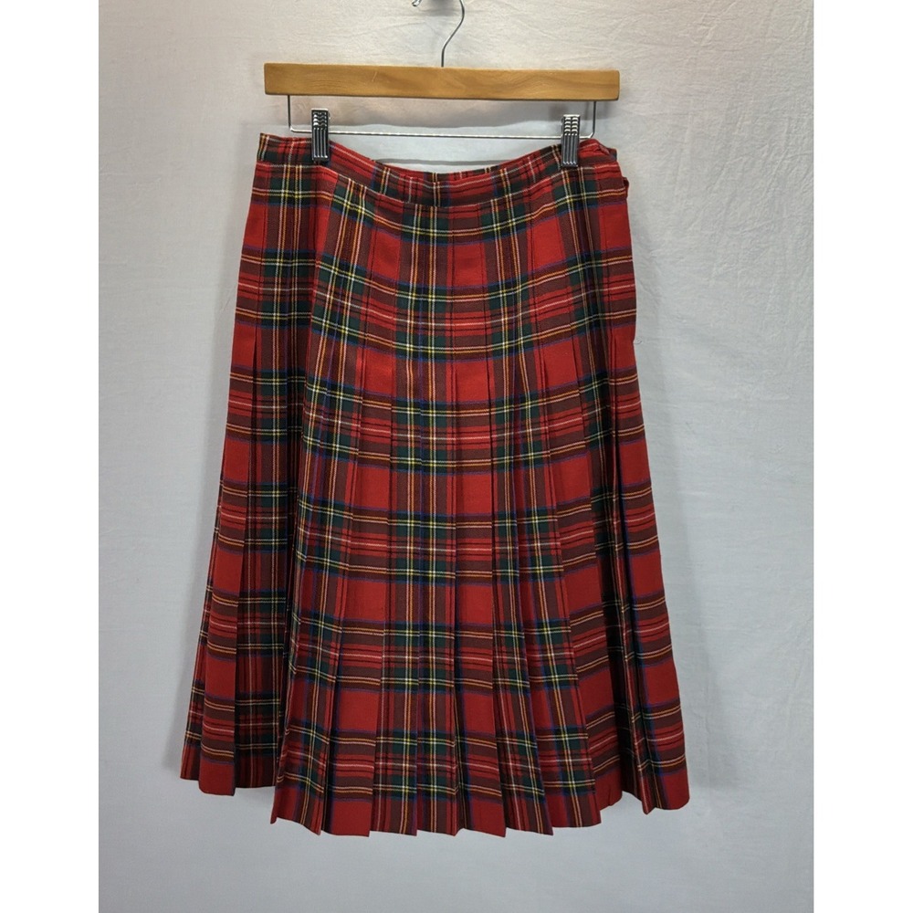 VTG Aljean Womens Holiday Wool Plaid Tartan Pleated  Midi Skirt A-Line Kilt 28 M